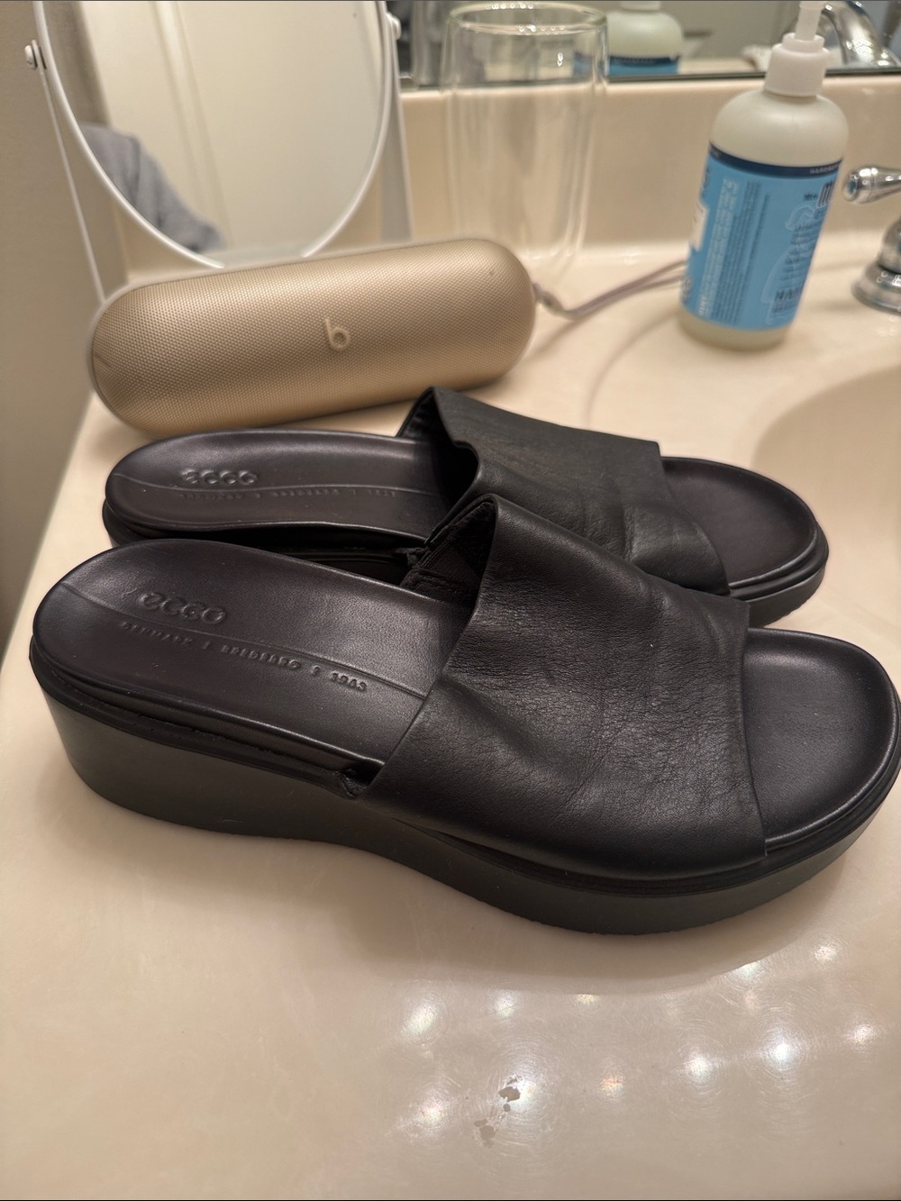 Ecco Black Leather Platform Slide Sandals